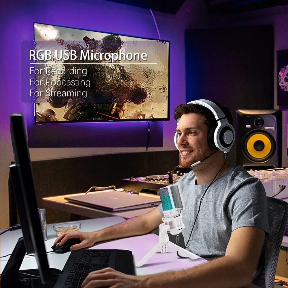 Zealsound USB Condenser Recording Microphone White RGB Streaming Mic For PC And Mac with Android Phone Adapter Headphone Output