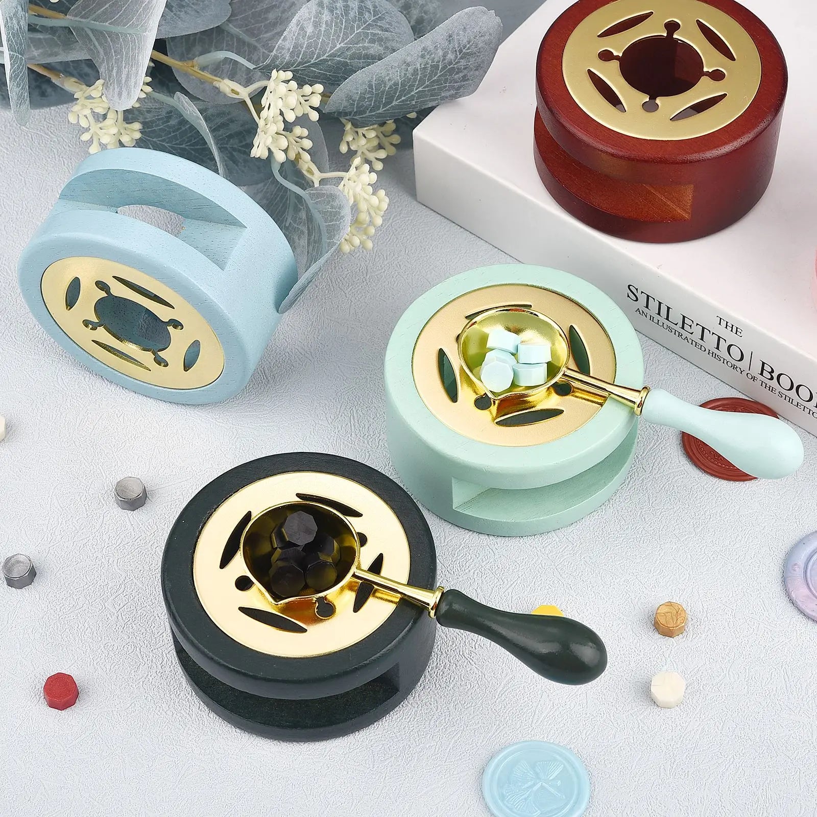 2PCS Wax Seal Stamp Set Retro Lacquer Stove With Wood Handle Spoon Kit Wax Seal Melting Furnace Heater Wax Bead Stick Heater Pot