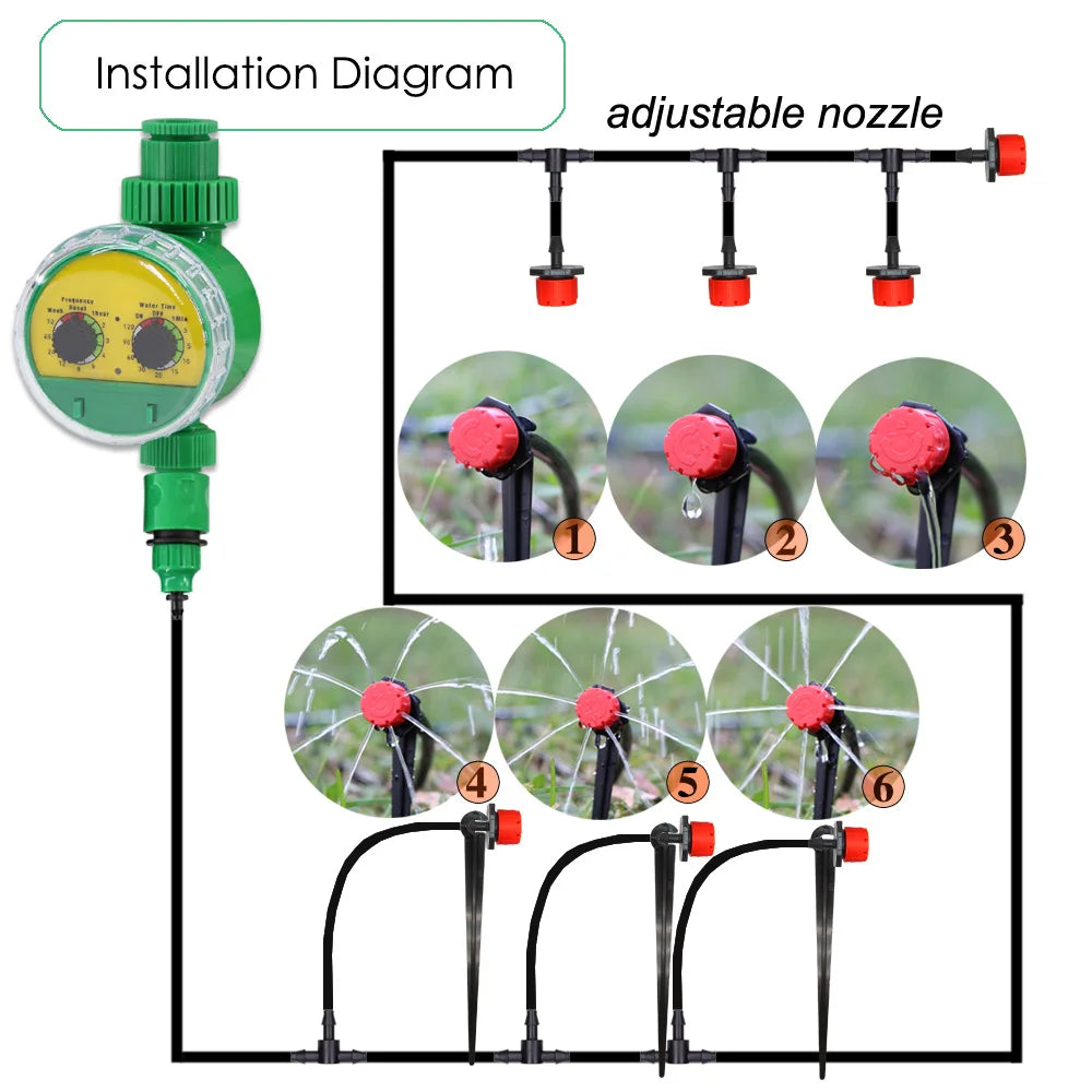 50 Meters Plant Timer Garden Watering System Irrigation 4/7mm Drip Kits Automatic Spray for Plants Adjustable Nozzles