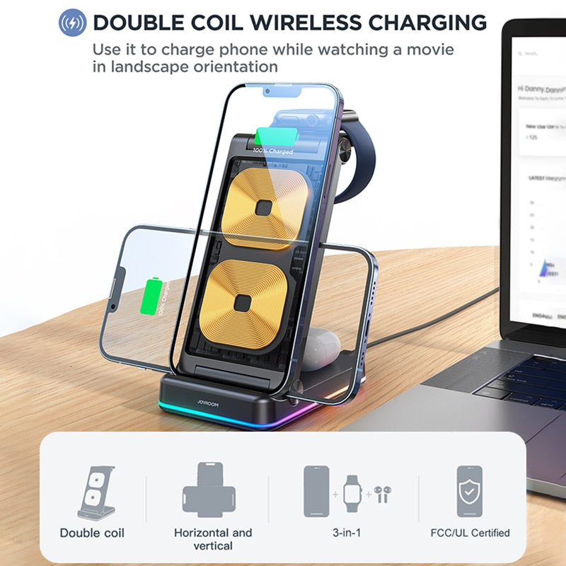 3 in 1 Wireless Charging Station JOYROOM Foldable Double Coil Wireless Charger Compatible For iPhone Xiaomi Apple Watch Airpods