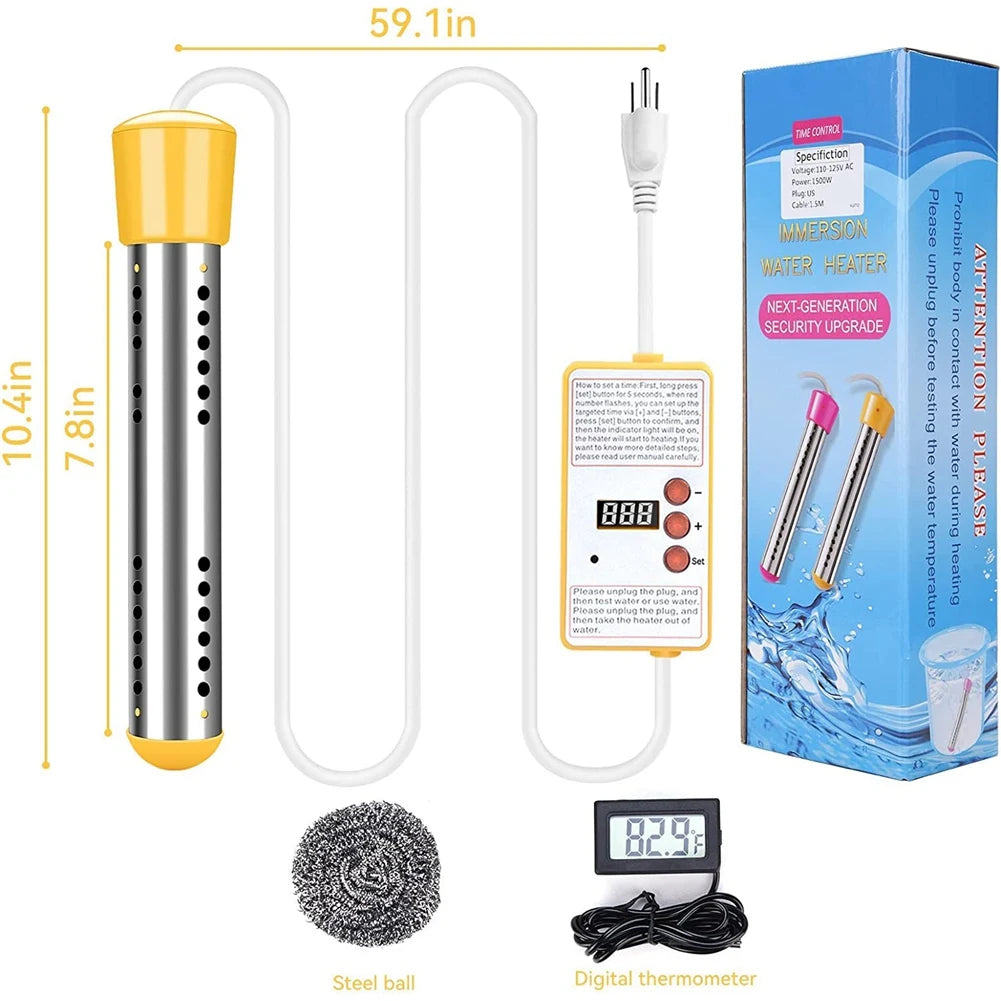 Immersion Water Heater, 1500W Electric Submersible Water Heater with Timer, Stainless Steel Guard Cover EU Plug