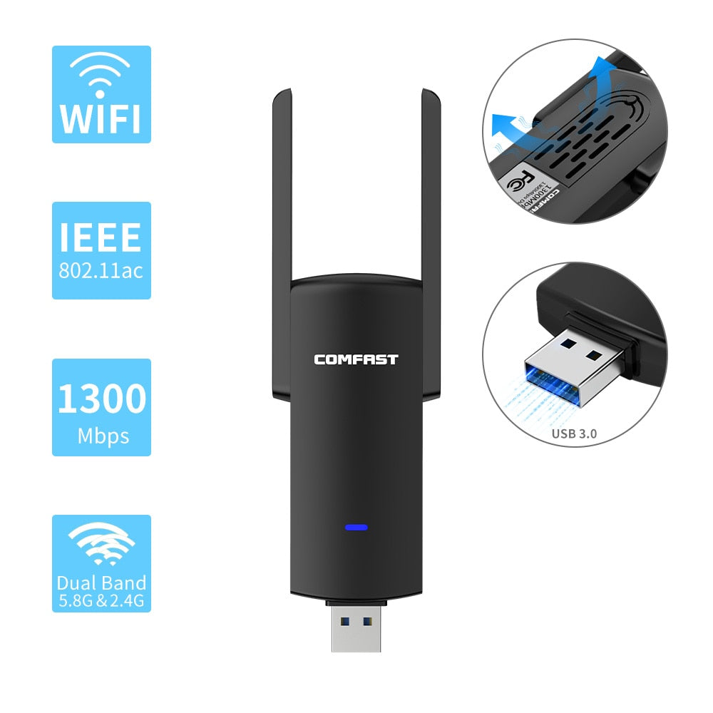 USB Wifi Adapter 1300Mbps RTL8812BU Dual Band  for PC Black Ethernet Wi-Fi Dongle External Antenna  Wi Fi Receiver Network Card