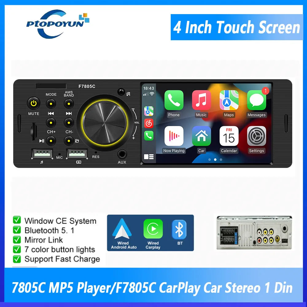 Ptopoyun Car Radio 1din Bluetooth Music Handsfree MP5 Player TF USB Charging Remote Audio System ISO 4.1" Touch Screen Head Unit