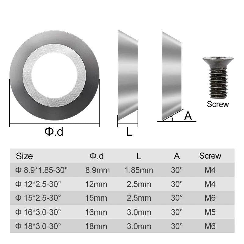 Round Carbide Insert Cutter 8.9mm 12mm 15mm 16mm 18mm for Wood Lathe Turning Finisher Hollower Tools or Woodworking Planer Etc