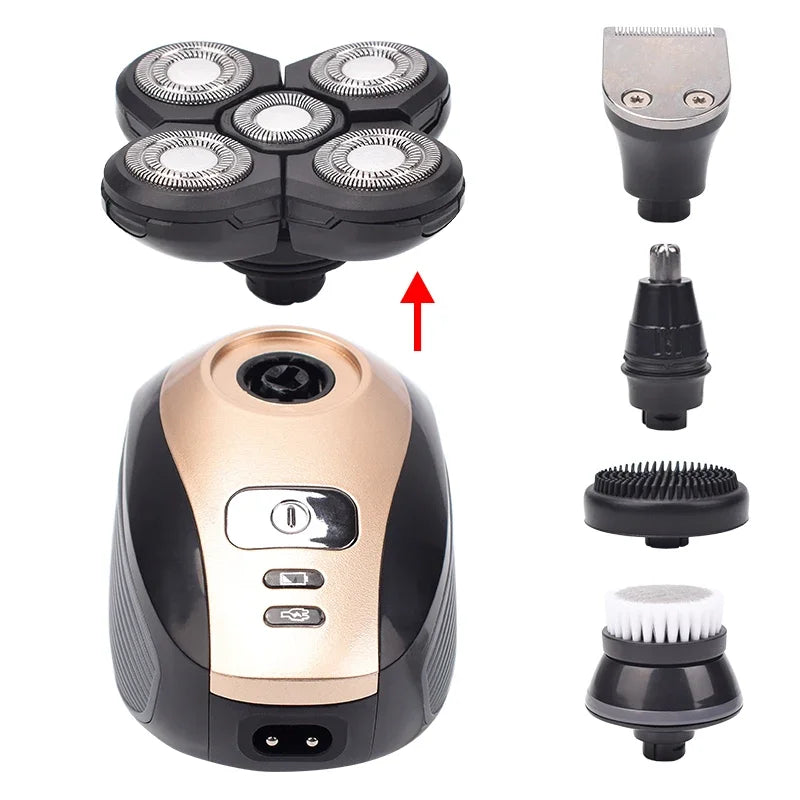 5 In 1 4D Men's Rechargeable Bald Head Electric Shaver 5 Floating Heads Beard Nose Ear Hair Trimmer Razor Clipper Facial Brush