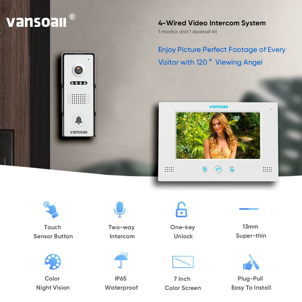 VANSOALL Video Intercoms for Apartment Hom 4-Wired 7Inch Color Monitor and IP65 Waterproof Color Night Doorbell Support Unlock