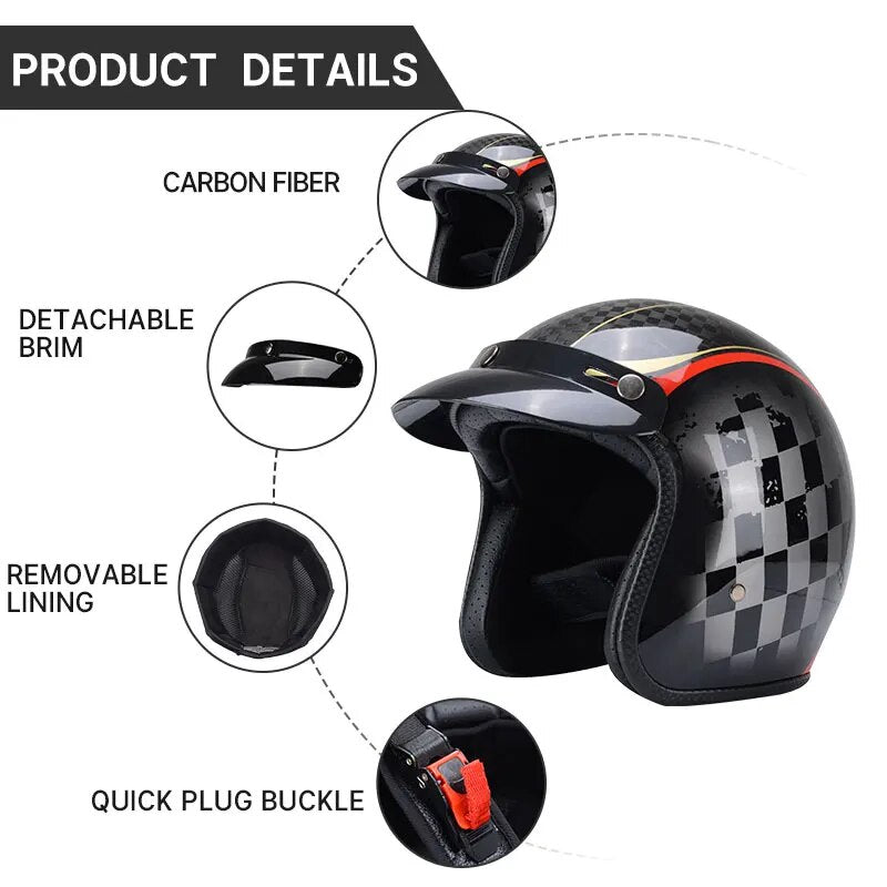 Vintage Carbon fiber Motorcycle Helmet 3/4 Open Face Casco Moto Jet Scooter Bike Helmet Retro DOT approved Casque Motociclismo