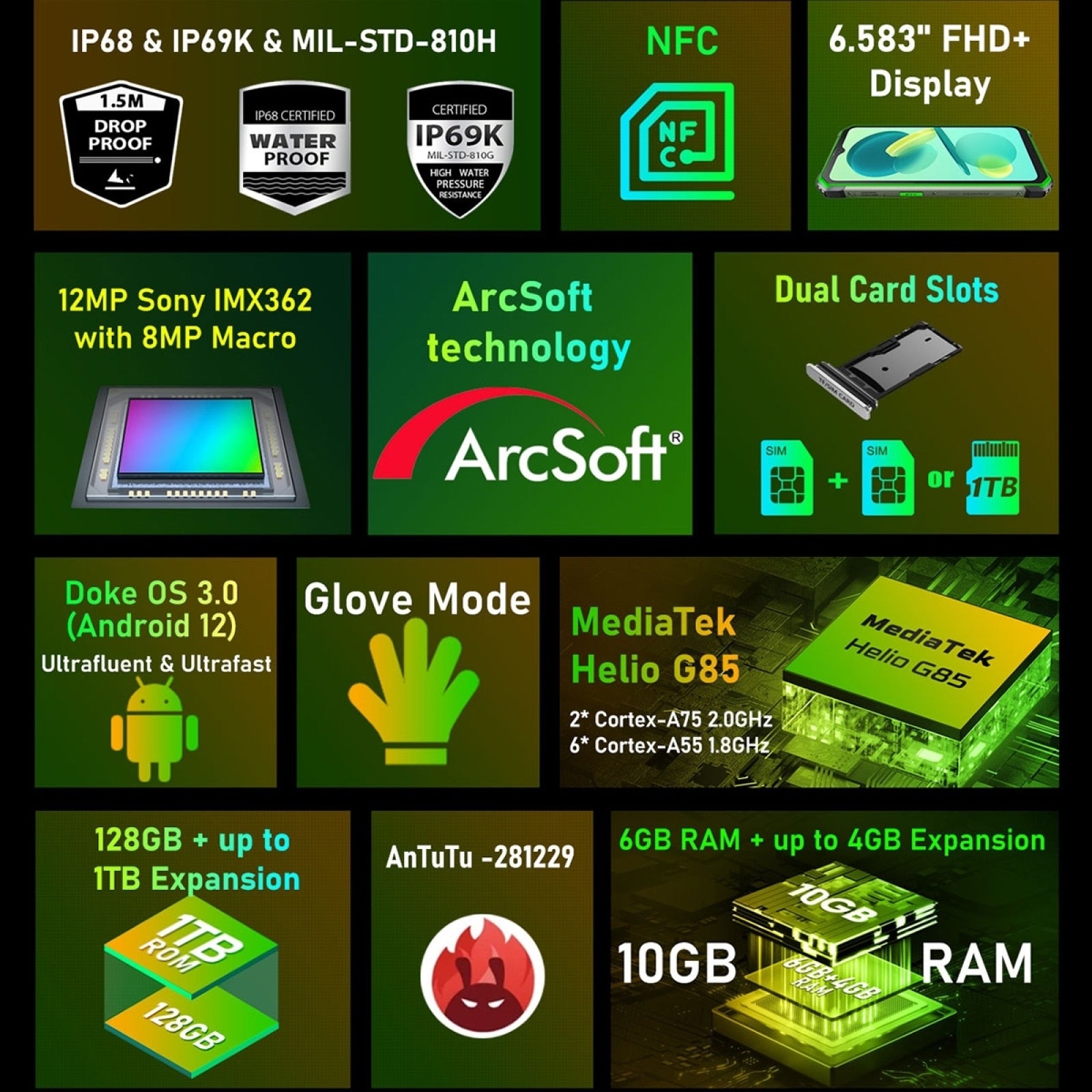 Blackview OSCAL S80 Android 12 Waterproof Rugged Smartphone 6.58" HD 6GB+128GB Helio G85 NFC Mobile 13000mAh 33W Fast Charge