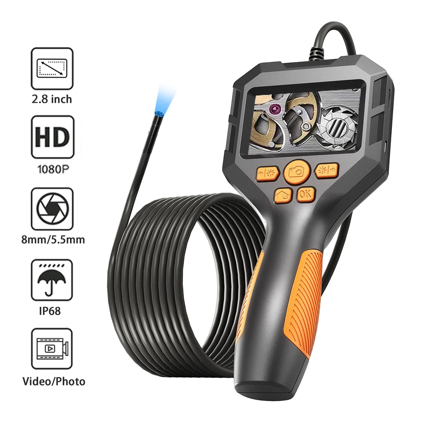 Industrial Endoscope Camera 2.8'' IPS Screen HD1080P Inspection Borescope IP68 Waterproof 8mm/5.5mm LED Lens For car Pipe Sewer