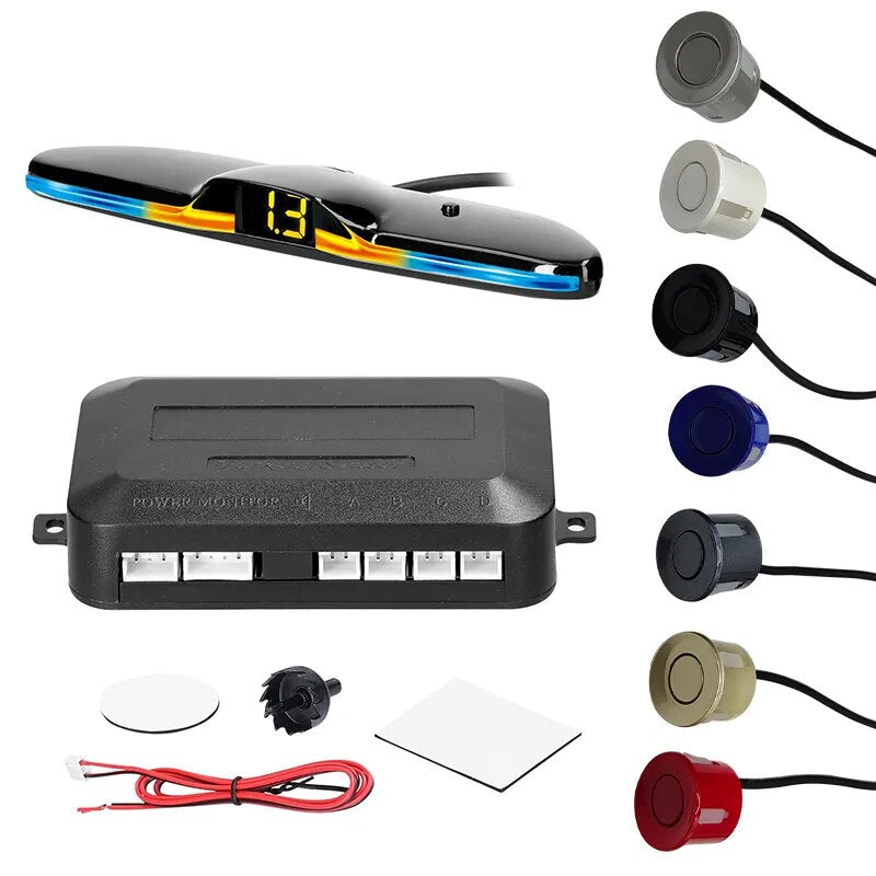 New LED Parking Sensor System Backlight Monitor Display Kit Backup Detector Assistant 4 Probes