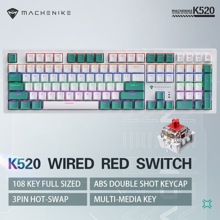 Machenike K520 Mechanical Keyboard Wired Connection Red Switch Hot Swappable 108 Keys LED Backlit RGB Sidelit Gaming Keyboard
