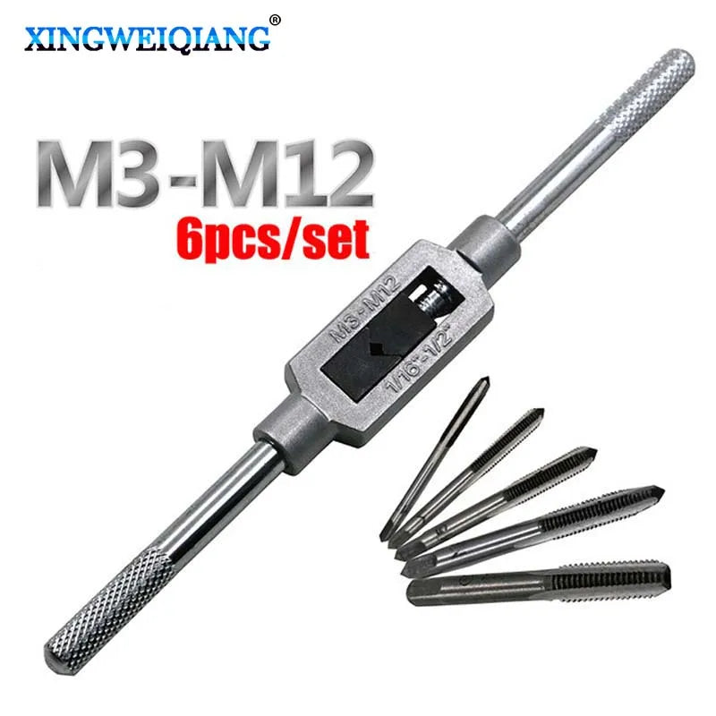 3F Hand Screw Thread Metric Plug Tap Set M3 M4 M5 M6 M8 with Adjustable Tap Wrench 1/16-1/4"