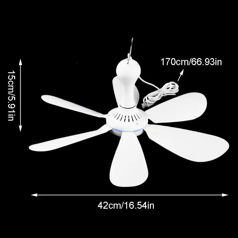 Premium New 6 Leaves 5V USB Ceiling Fan Air Cooler Hanging USB Powered 16.5inch Tent Fans for Camping Outdoor Dormitory Home Bed