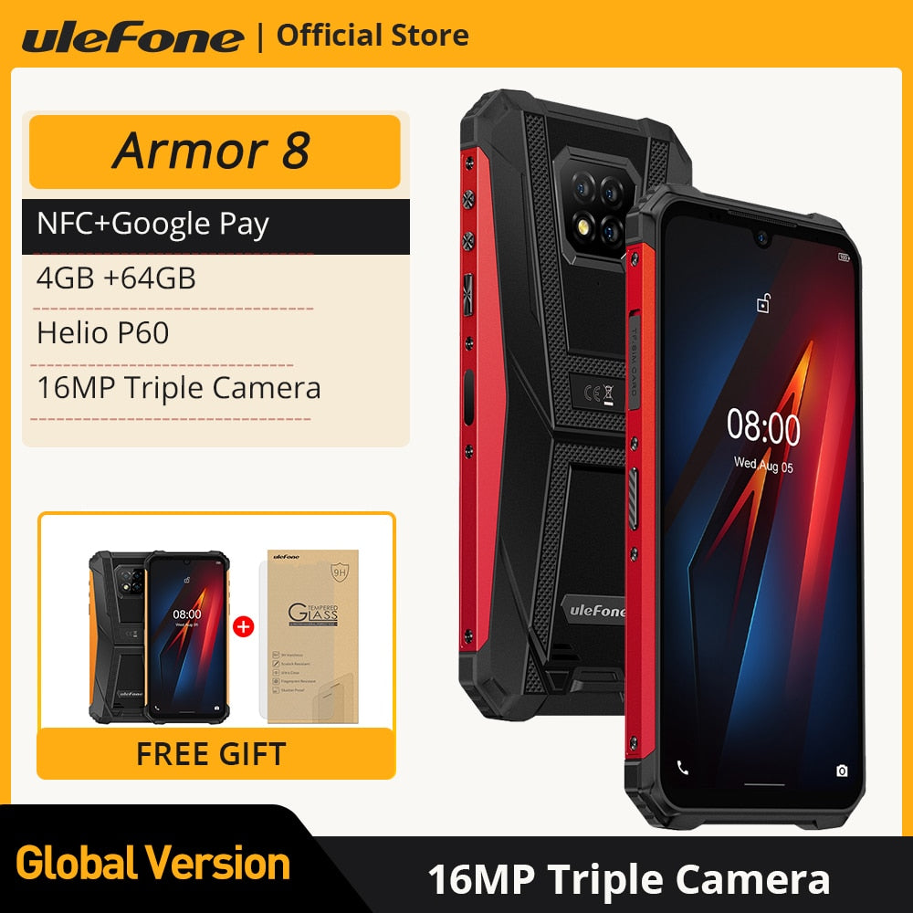 Ulefone Armor 8  Rugged Mobile Phone NFC Android  Helio P60 4GB+64GB 16MP Triple Camera Octa-core  6.1'' Waterproof Smartphone