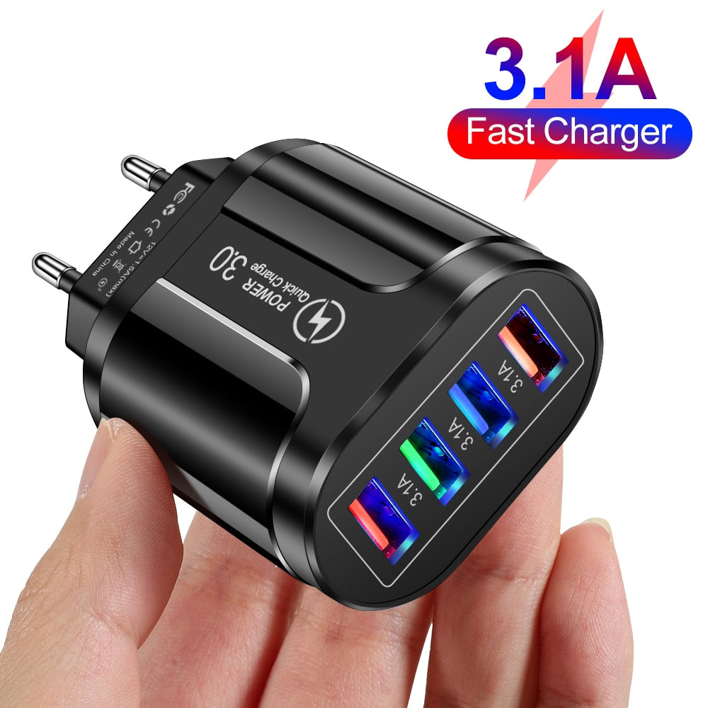 3.1A 4 Ports USB Travel Charger Fast Charge QC 3.0 Wall Charging For iPhone 13 12 Samsung Xiaomi Mobile Plug Charging Adapter
