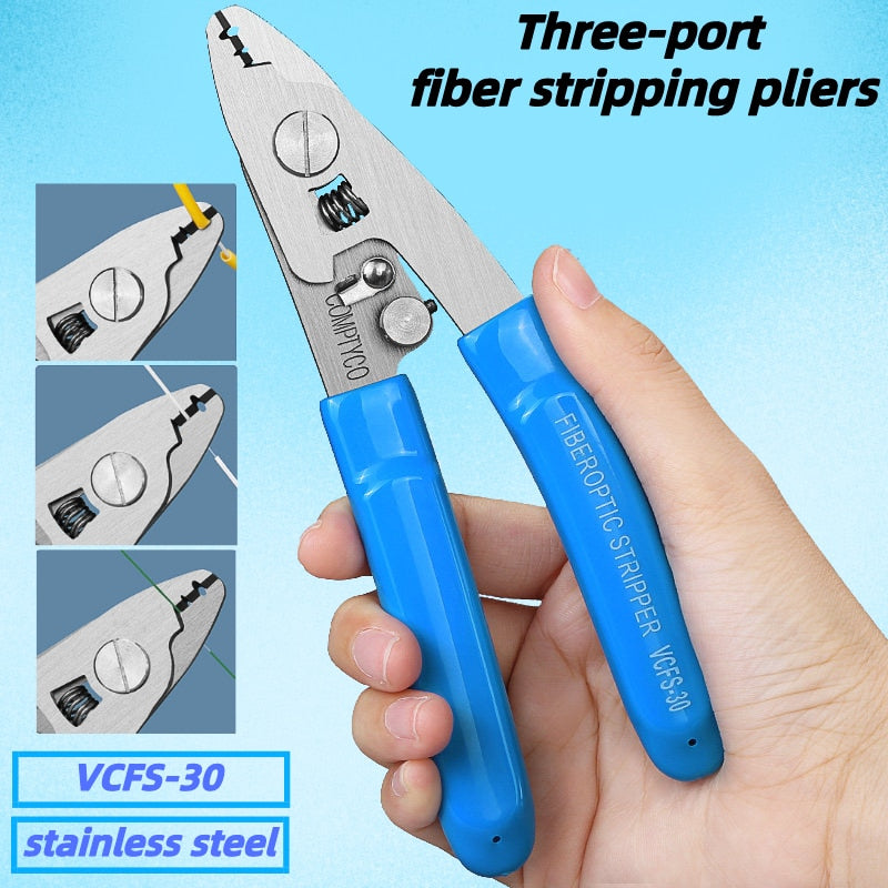 VCFS-30 Stainless Steel Three-port Fiber Stripping Pliers FTTH Tool Fiber Optic Wire Stripper (Optional Two Ports)