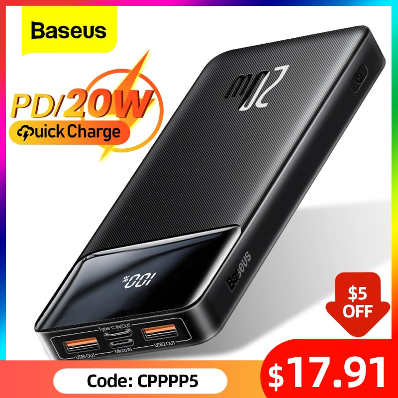 Baseus Power Bank 20000mAh Portable Charger Powerbank 10000mAh External Battery PD 20W Fast Charging For iPhone Xiaomi PoverBank