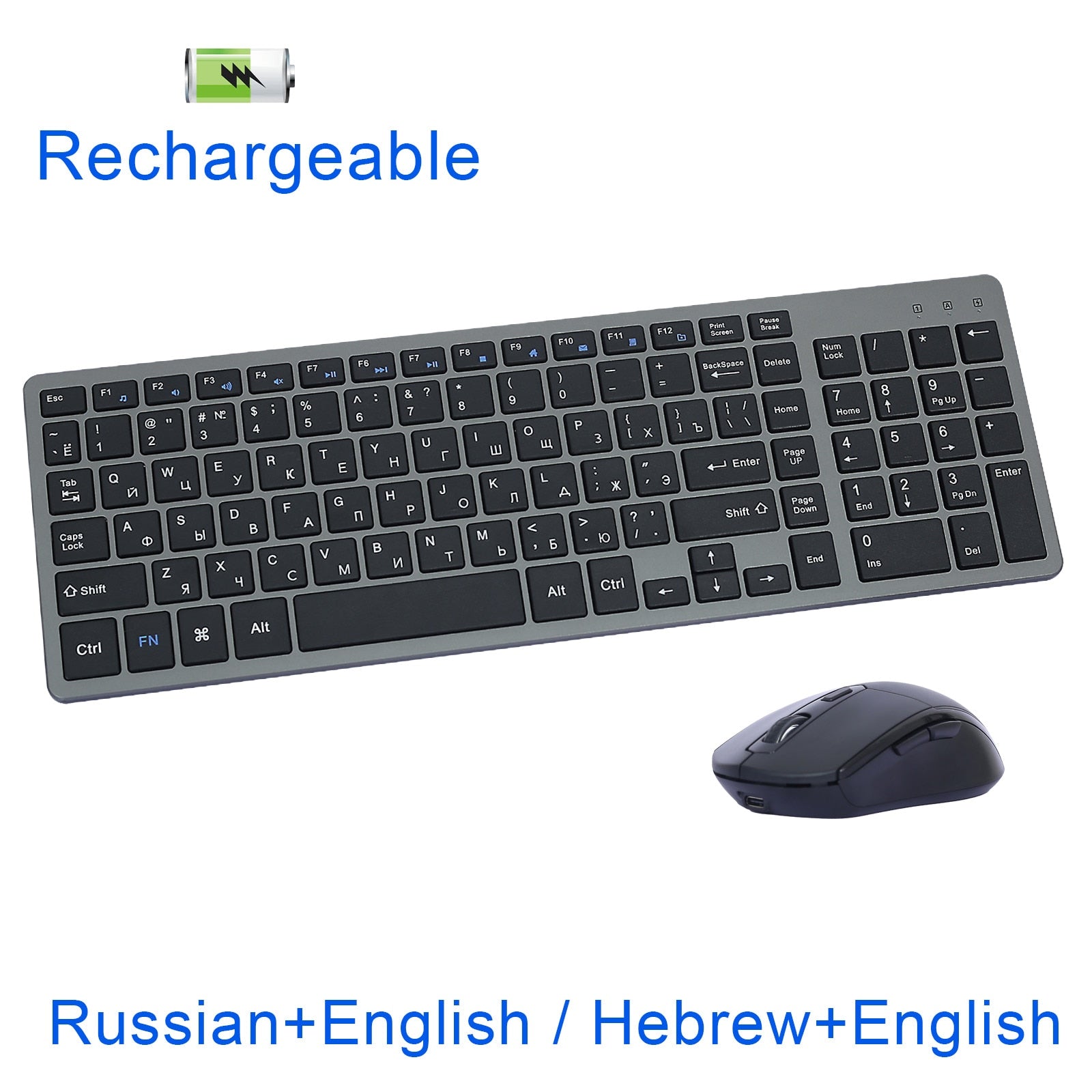 Rechargeable Wireless Keyboard and Mouse Russian Hebrew Thin Keyboard Silent Mouse with Side Button for Computer Laptop PC Mac
