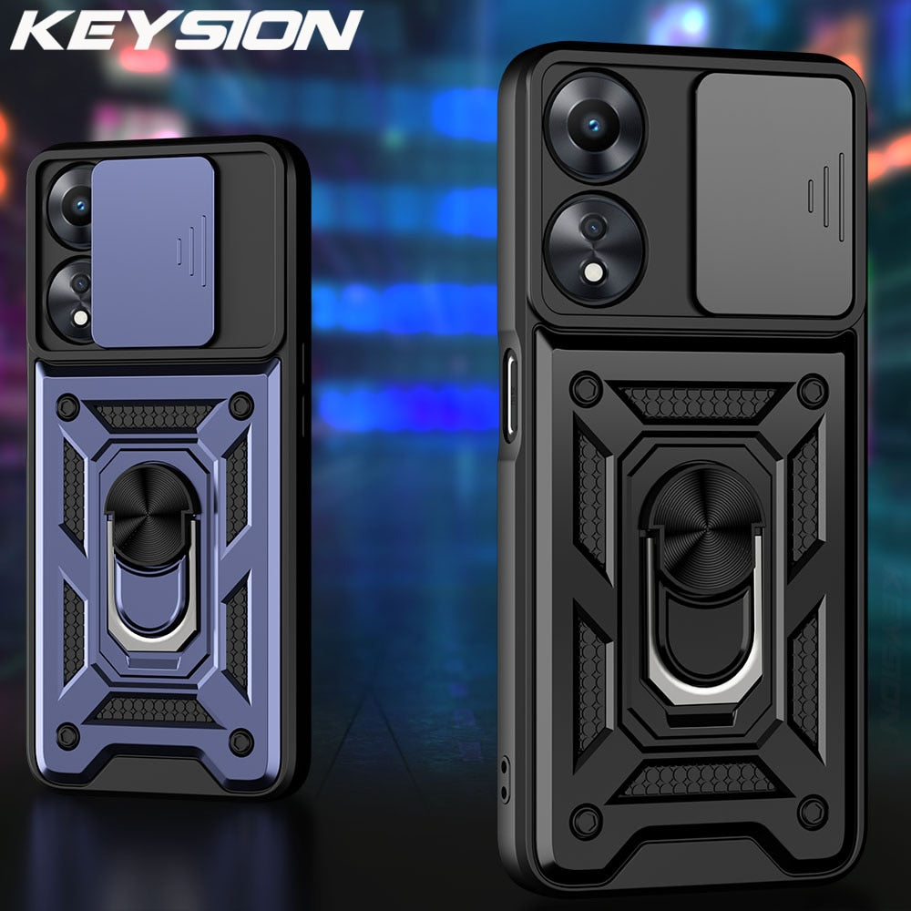KEYSION Shockproof Armor Case for OPPO A78 5G Slide Camera Lens Protection Ring Stand Phone Back Cover for OPPO A58 5G A58X 5G