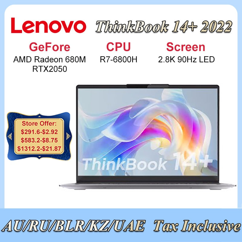 New Lenovo Thinkbook 14+ Laptop 2022 R7 6800H UltraBook AMD Radeon 680M 16/32GB 1TB 2.8K 90Hz 14inch LED Screen Notebook