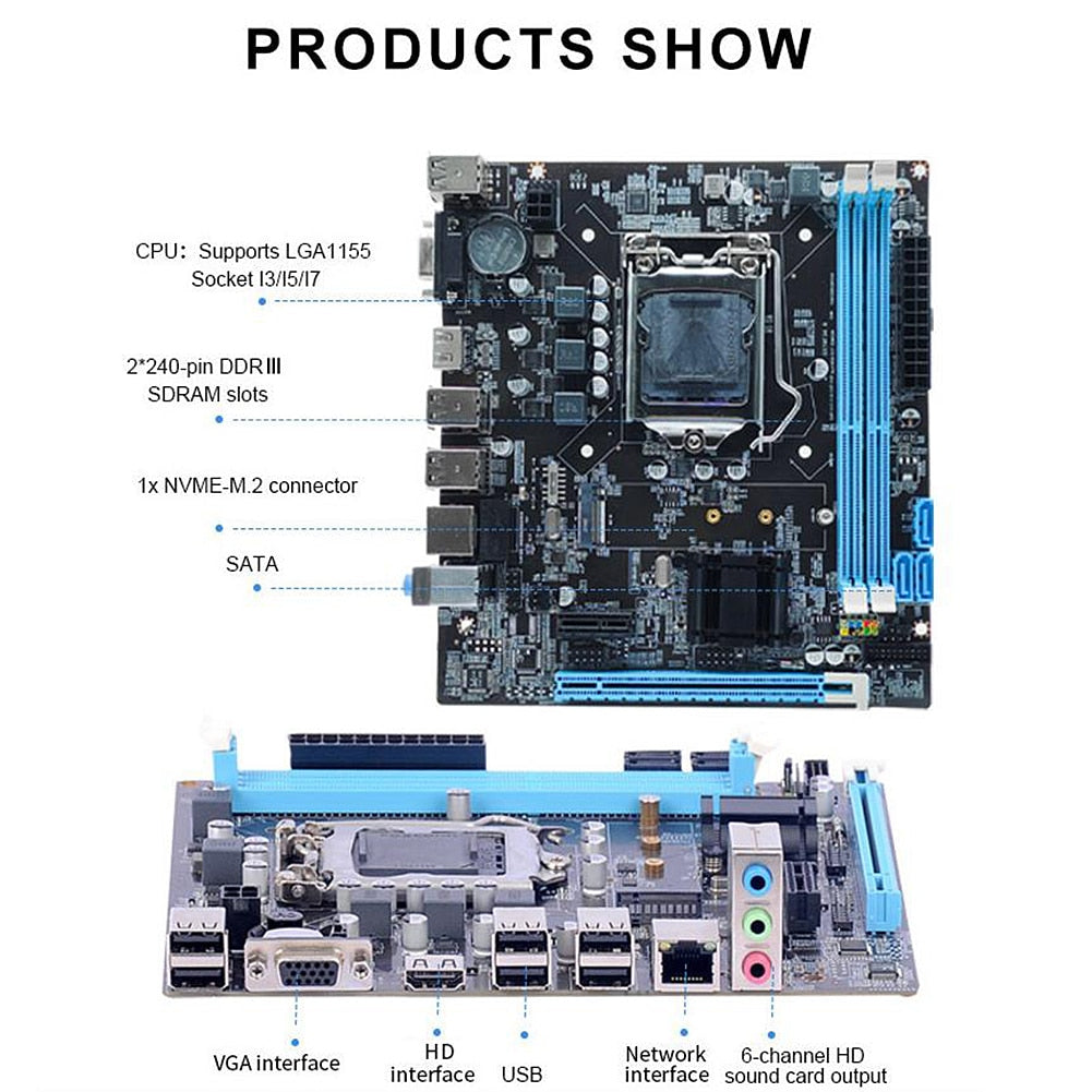 H61 Computer Motherboard 16GB Micro-ATX PC Main Board Support 2 X DDR3 4 X SATA 2.0 Realtek 10/100 Mbps LAN Onboard for Office