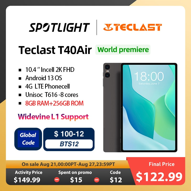【World Premiere】Teclast T40Air Tablet Android 10.4'' 2K FHD Display 8GB+256GB Tablet Android 13 Unisoc T616 Octa Core 4G LTE PC