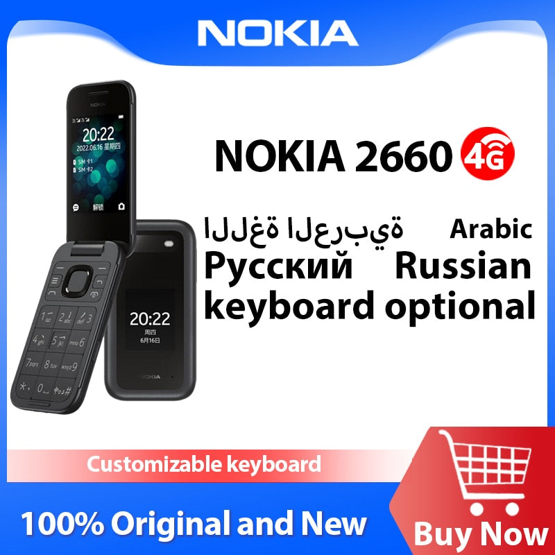 New and Original Nokia 2660 4G Feature Flip Phone 2.8" Display Bluetooth FM Radio 1450mAh Dual SIM Rugged Push-button Telephone