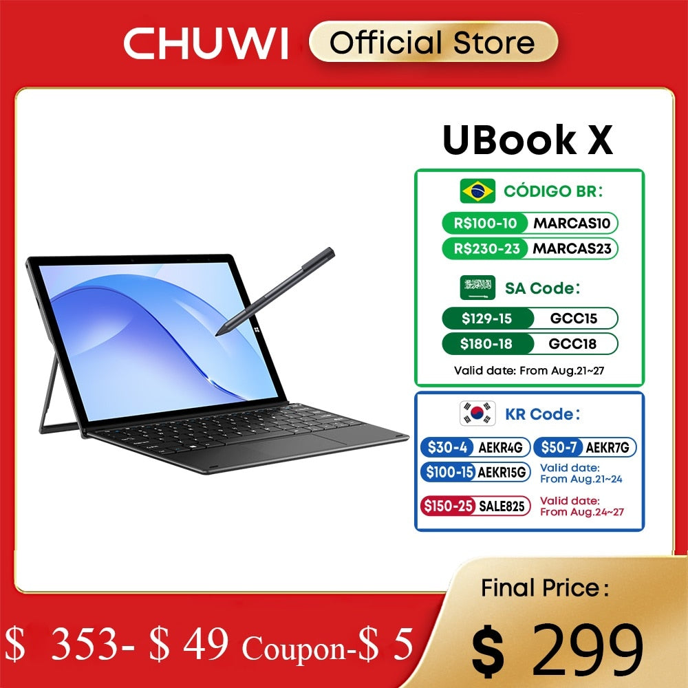 CHUWI UBook X Tablet Intel i5 10210Y 2 In 1Tablet PC 12Inch 2K IPS Windows 11 8GB 256GB 2.4G/5G Wifi Support Keyboard Stylus