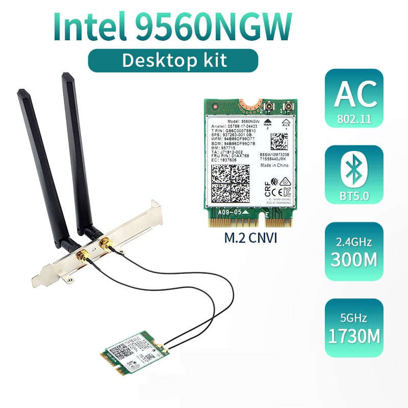 9560NGW WiFi Antenna Kit Dual Band 2.4G/5Ghz Wireless Bluetooth5.0 802.11AC M.2 CNVI for Intel 9560 Wi Fi Card Adapter
