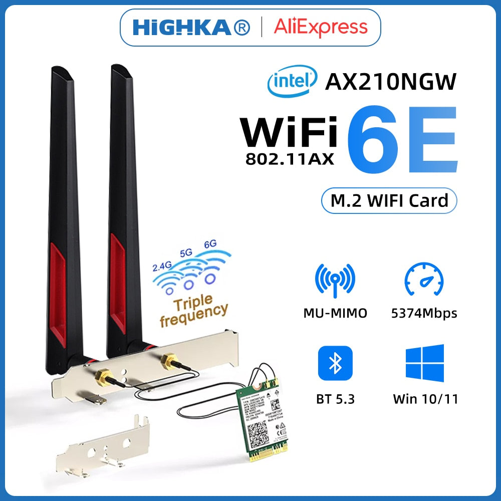 Wi-Fi 6E intel AX210 Wireless Network Cards 5374Mbps 6Ghz Bluetooth 5.3 AX210NGW/10dBi Antenna Desktop Kit for PC M.2 WiFi Card