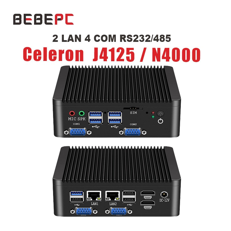 BEBEPC Industrial Mini PC Fanless Celeron J4125 Quad-Core N4000 2 LAN 4 COM Desktop Computer Windows 10 Pro Linux WIFI minipc