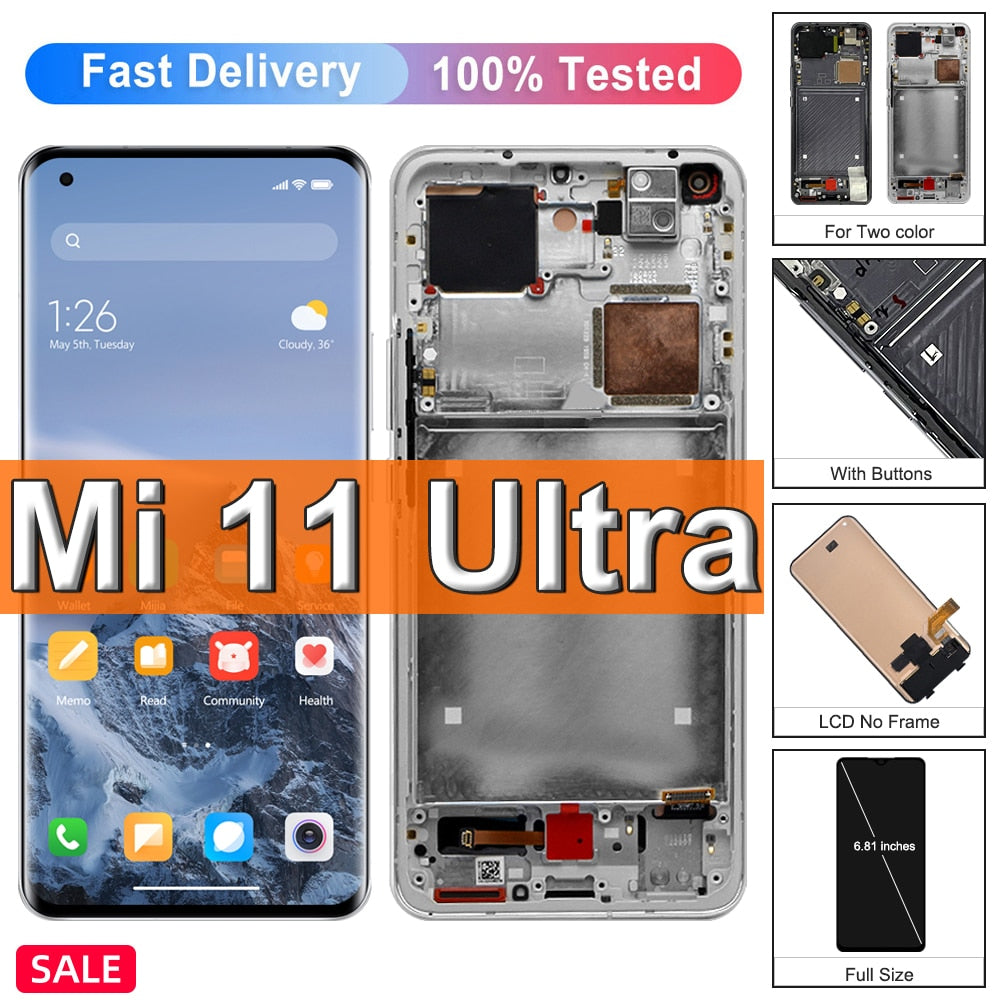 6.81" AMOLED For Xiaomi Mi 11 Ultra LCD Display Touch Screen, For Xiaomi11Ultra Mi11Ultra M2102K1G M2102K1C Display, with Frame