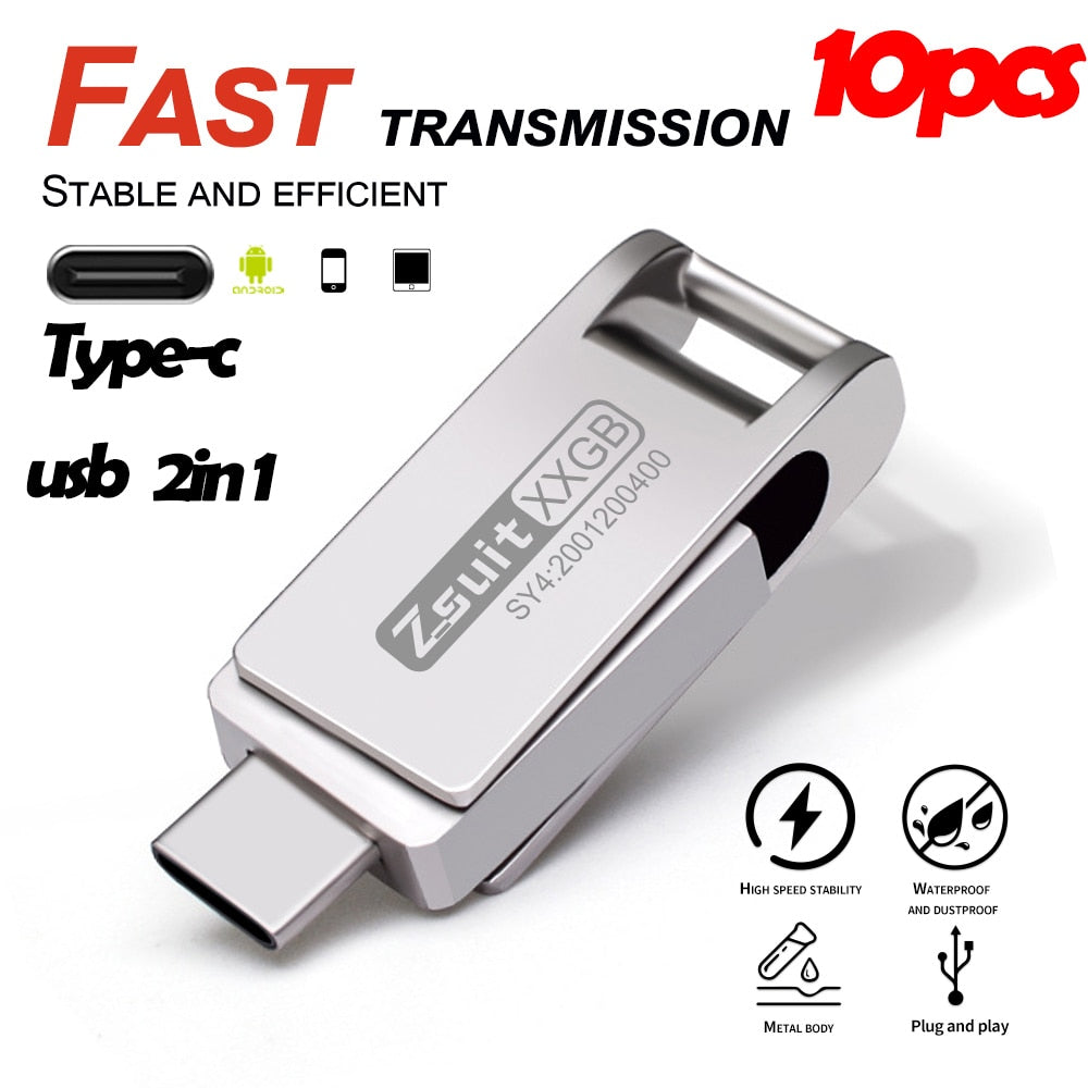 New TYPE-C Flash Drive 10pcs Free Logo USB Flash Drive 4GB USB Sticks Pendrive  2in1 USB Metal Mini Pen Drive 32GB Memory U Disk