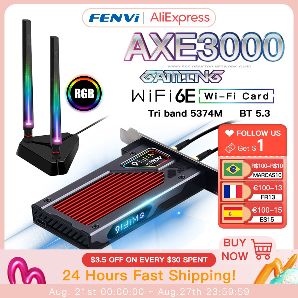 Fenvi FV-AXE3000 Wi-Fi 6E AX210 Bluetooth 5.3 Wireless 5374Mbps 2.4G/5GHz/6G WiFi 802.11AX/AC PCIExpress Network Card Adapter PC