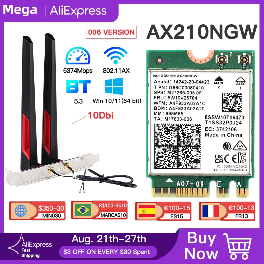 Tri Band 5374Mbps Wifi 6E Intel AX210 M.2 Wifi Wireless Card Bluetooth 5.3 802.11ac/ax AX210NGW With 10dbi Antennas For Win 10