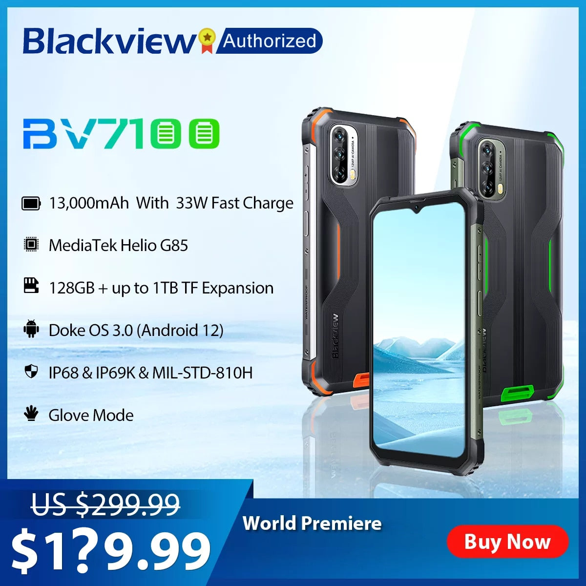 Blackview BV7100 Rugged Phone 6GB 128GB Andriod 12 Helio G85 Octa Core Mobile 6.58'' Waterproof Cellphone 13000mAh NFC 12MP Cam