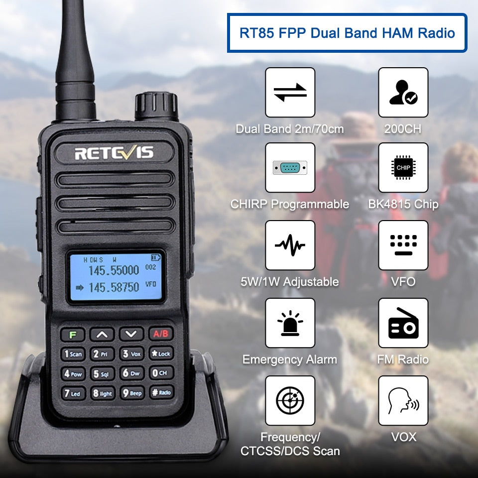 Retevis Walkie Talkie RT85 Ham Two-way Radio Stations 5W Walkie-talkies VHF UHF Dual Band Amateur Portable Radio HT For Hunting
