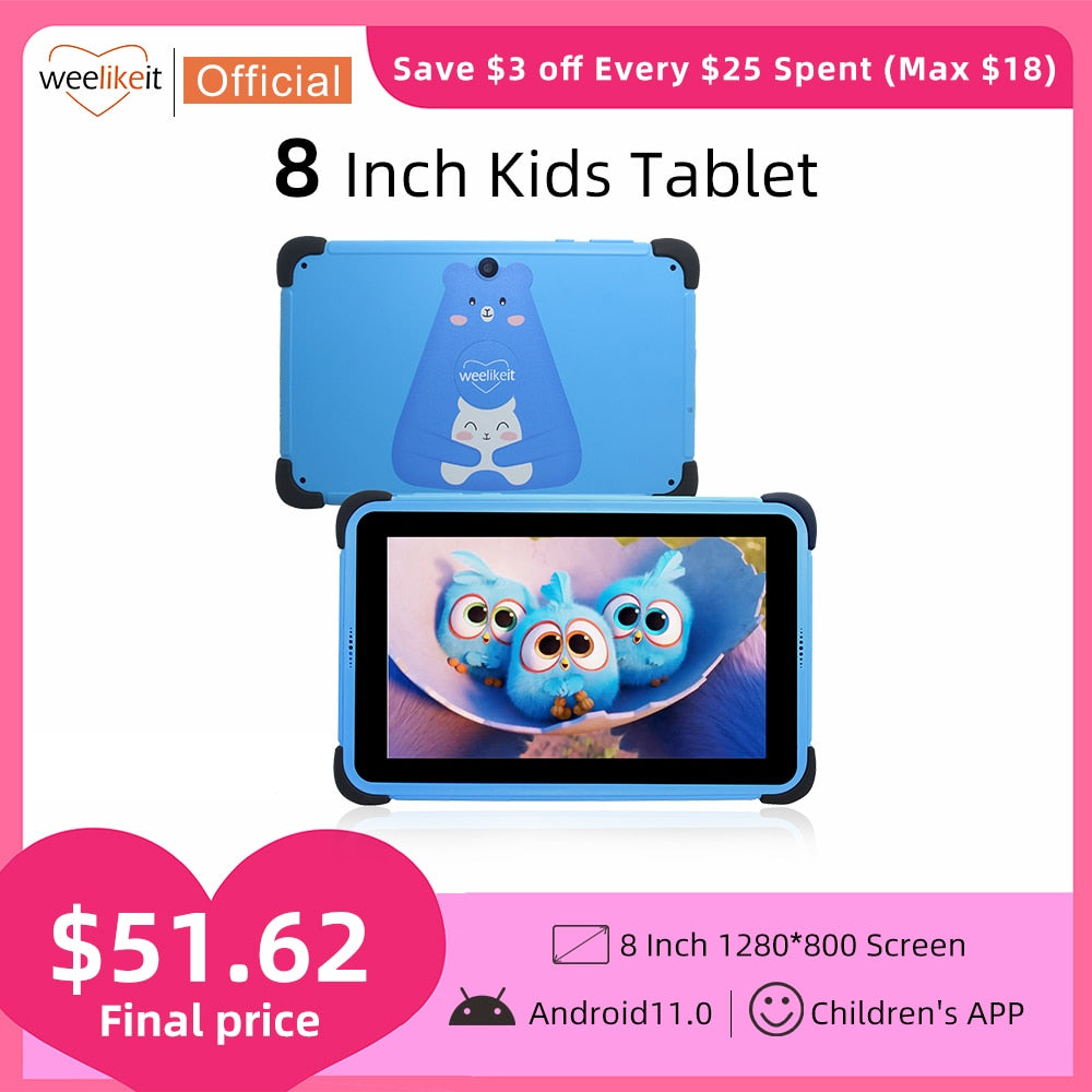 weelikeit 8 Inch Kids Tablet for Child Android 11 1280x800 IPS Children Study Tablet 2GB 32GB Quad Core 4500mAh Wifi6 with Stand