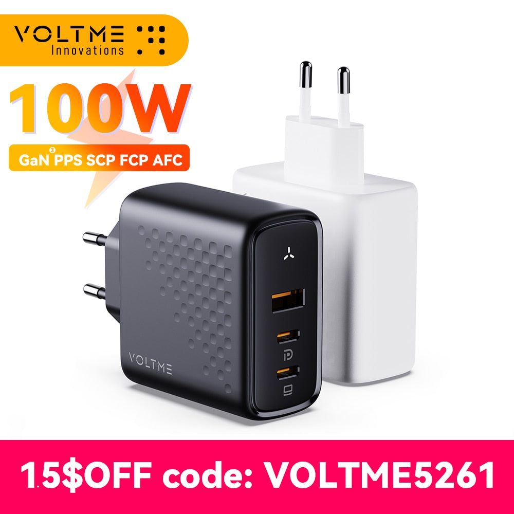 VOLTME 100W GaN Charger For Macbook Tablet USB Type C Charger Fast Charging Charger For iPhone 14 13 12 11 Quick Charge 4.0 3.0