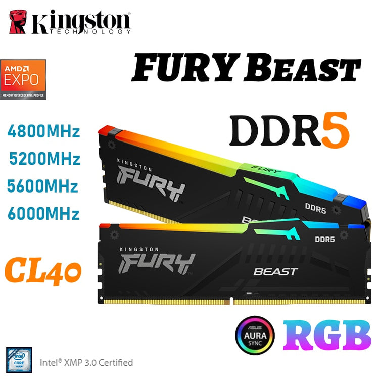 Kingston Fury Beast DDR5 RGB Memory LGA 1700 AM4 8GB 16GB 32GB 64GB 5600MHz 6000MHz RAM PC Desktop Motherboard CL40 GAMING NEW