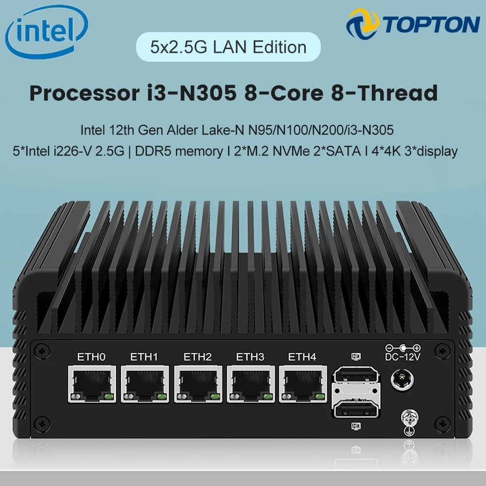 12th Gen 5xi226-V Firewall Appliance 2.5G Router Intel i3 N305 N200 N100 DDR5 2*NVMe 2*SATA3.0 Fanless Mini PC ESXi Proxmox Host
