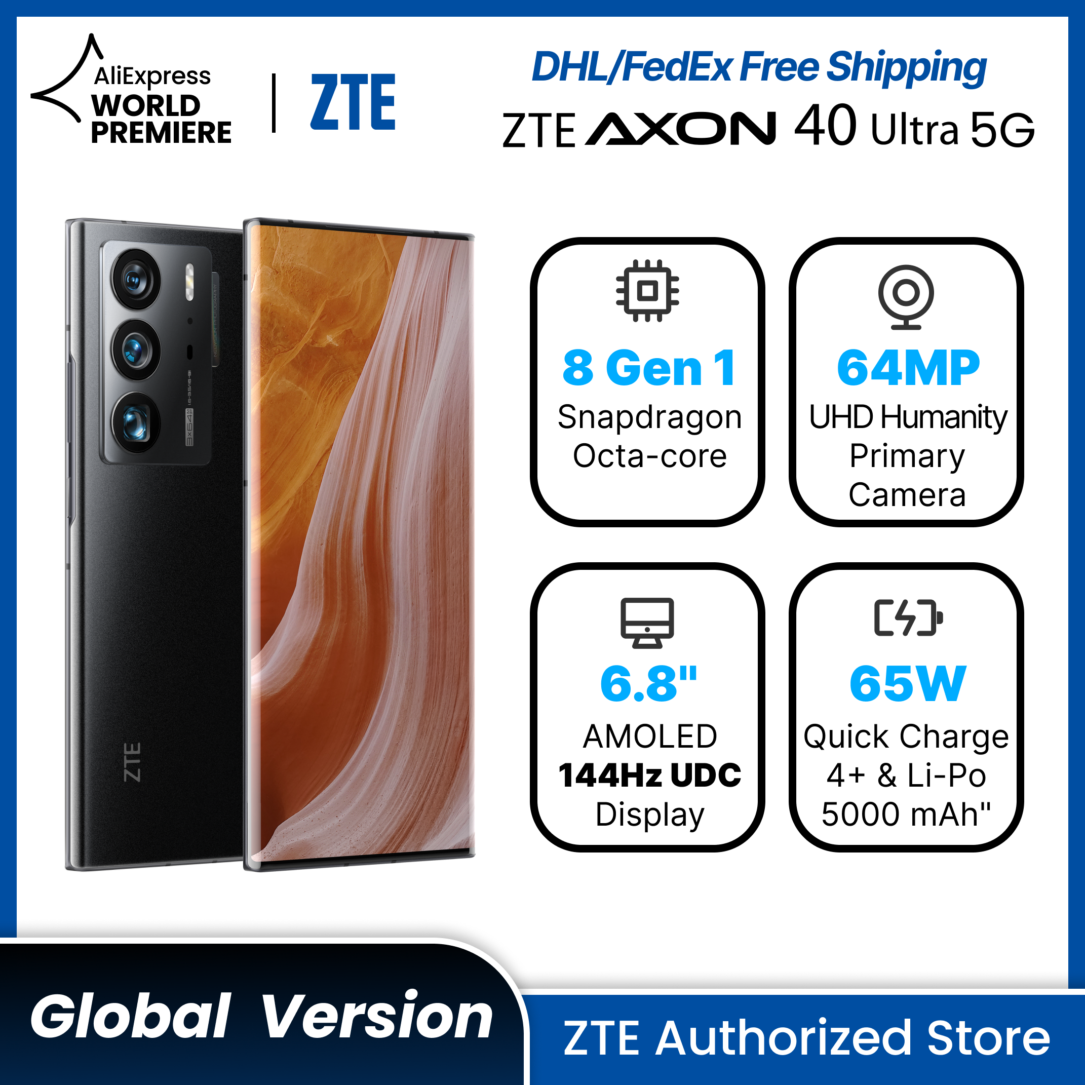 ZTE Axon 40 Ultra 5G Smartphone DHL/FedEx Free Shipping 5G SmartPhone 6.8'' FHD 120Hz Curved Under Display Camera Snapdragon™8G