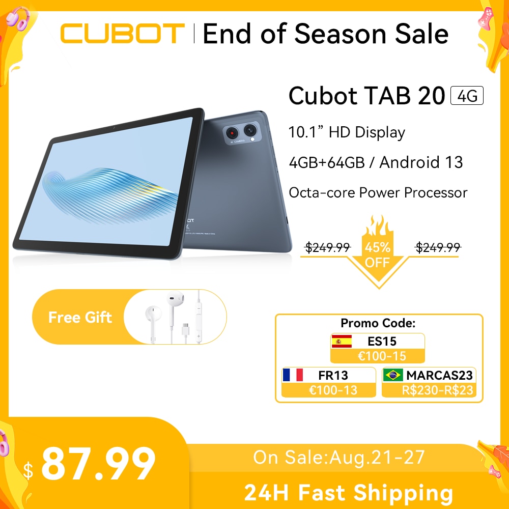 Cubot TAB 20, Tablet Android 13, 10.1" Screen, Octa-Core, 4GB+64GB(Support 1TB Extended), 6000mAh Battery, 4G Dual SIM, WIFI,GPS