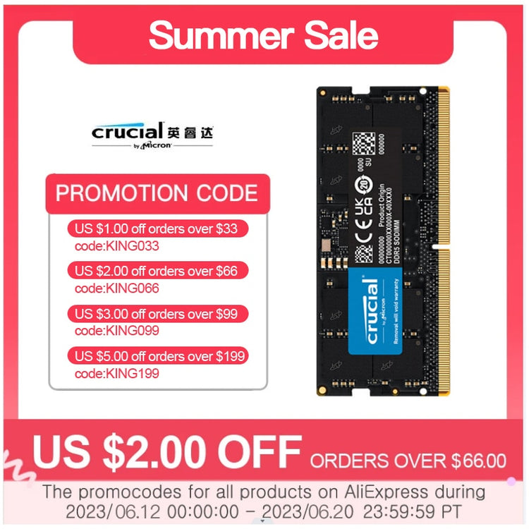 Crucial DDR5 RAM 16GB 32GB 48GB Notebook 4800MHz 5200MHz 5600MHz SODIMM 1.1V for Laptop Memory