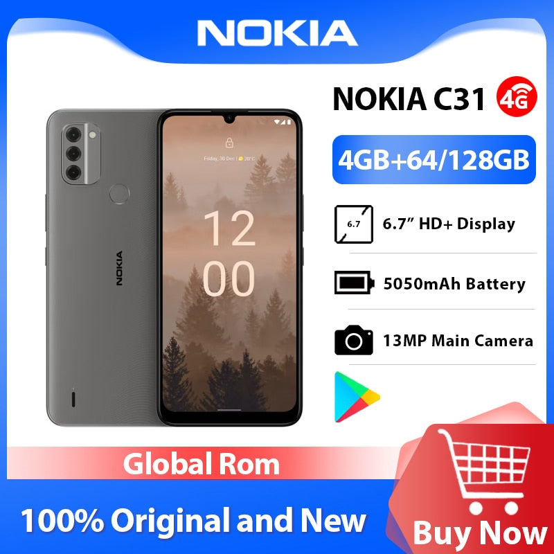 Global Rom Nokia C31 4G Network Smartphone 4GB 128GB 13MP Triple Camera 6.74 Inch HD+ Display IP52 Dual SIM Card 5050mAh Battery