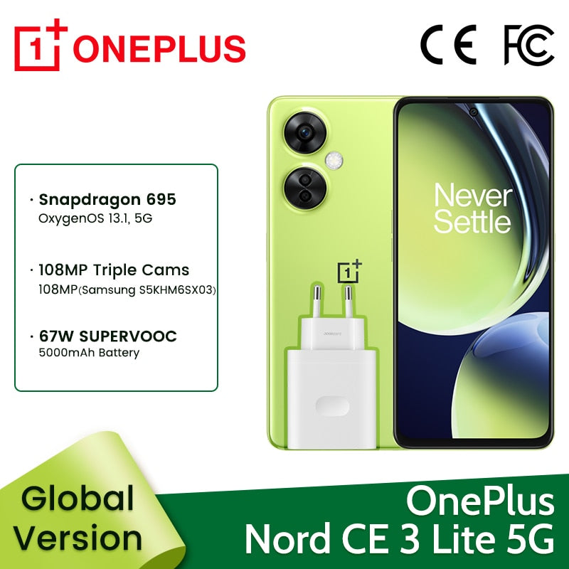 OnePlus Nord CE 3 Lite 5G Global Version Mobile Phone Snapdragon 695 128GB 256GB 6.72'' 120Hz Screen 108MP 67W CE3 Lite Phones