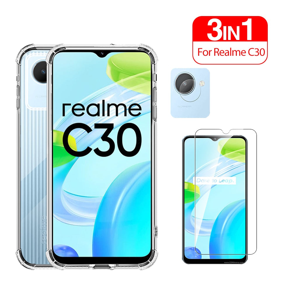 3in1 Anti-shock Clear Phone Cover For Realme C30 Case tempered glass Realmi C30 c 30 realmec30 6.5in Camera Lens Film Soft Shell