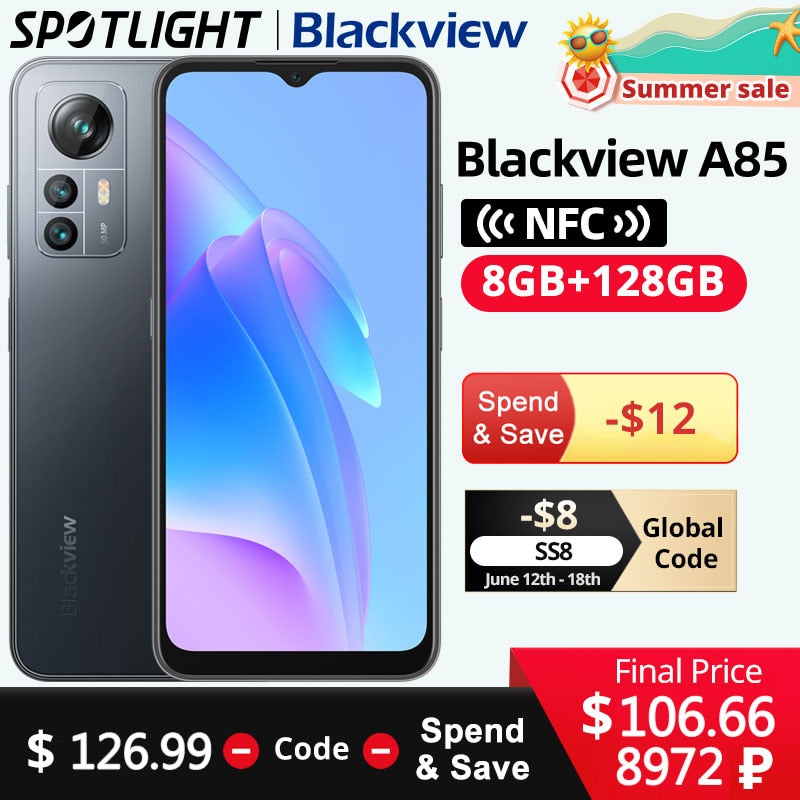 【World Premiere】 Blackview A85 Global Version 8GB 128GB 6.5'' HD+ 90Hz Display 50MP Camera 4480 mAh Battery NFC
