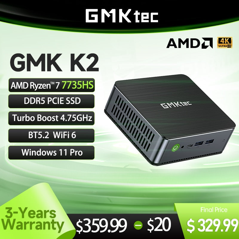 GMKtec K2 Mini Pc AMD Ryzen 7 7735HS 8C/16T DDR5 16/32GB 512GB/1TB SSD Window 11 Pro BT5.2 WiFi6 RZ608 Desktop Gaming Computer