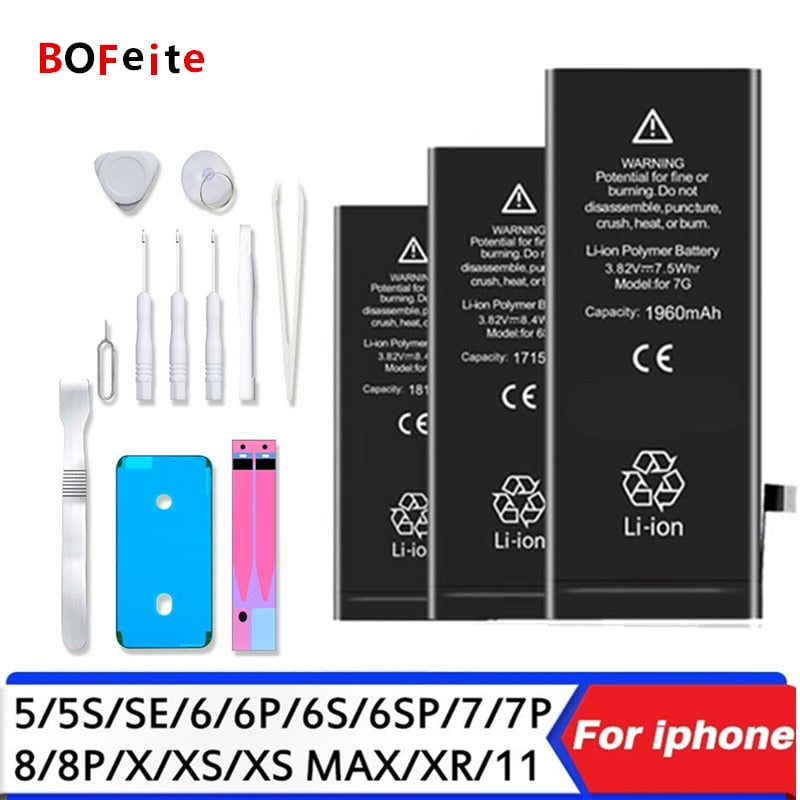 BoFeite  0 Cycle  Mobile Phone Battery  for iPhone  5 5S 5C SE 6 6S 7 8 Plus X XR XS 11 12 13 14 Pro SE2 Max Replacement Bateria